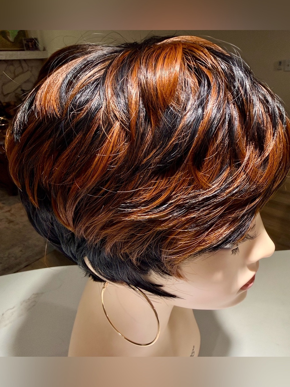 HAIR, Pixie Cut with Bangs, Black with Copper/Carmel highlights